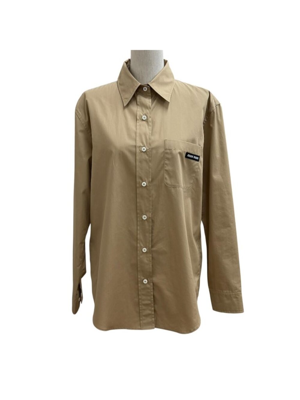 Miu Miu 100% Cotton Logo Patch Long Sleeve Shirt Beige 38